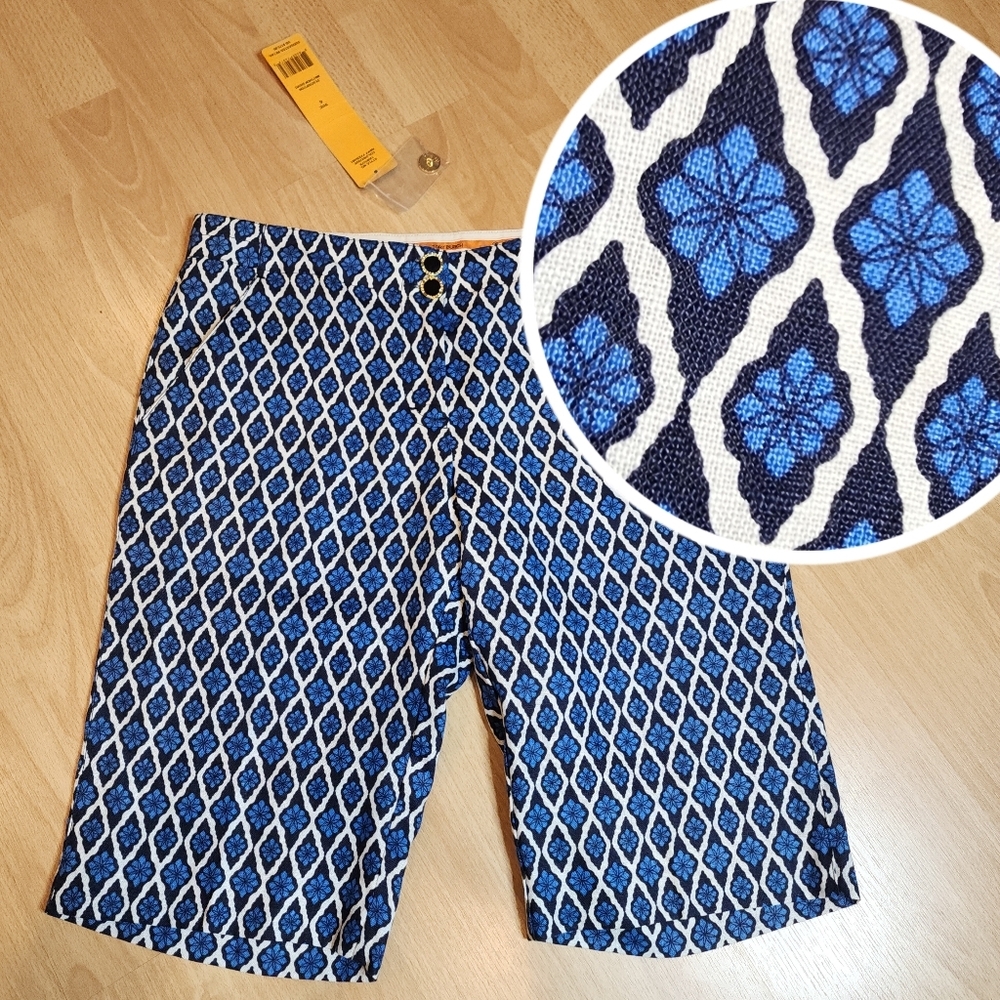 NWT Tory Burch 100% Linen Blue Trellis Pattern Bermuda‎ Matthew Shorts Size 6